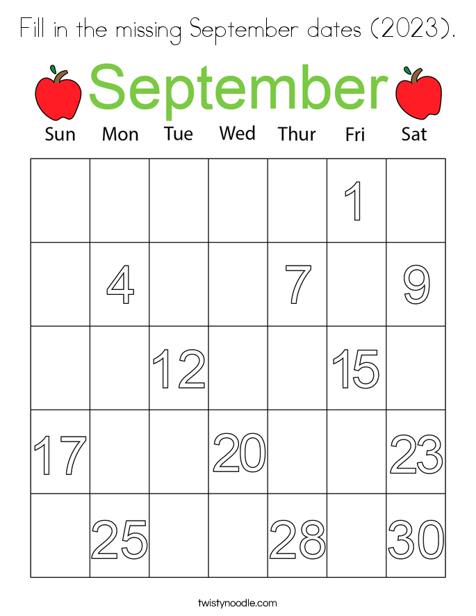 Fill in the missing September dates (2023). Coloring Page
