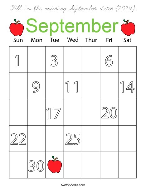 Fill in the missing September dates 2024 Coloring Page