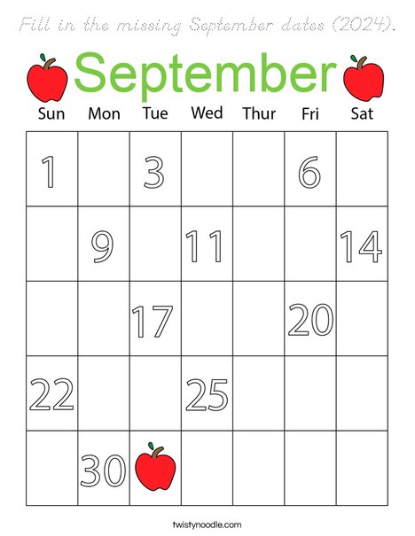 Fill in the missing September dates 2024 Coloring Page