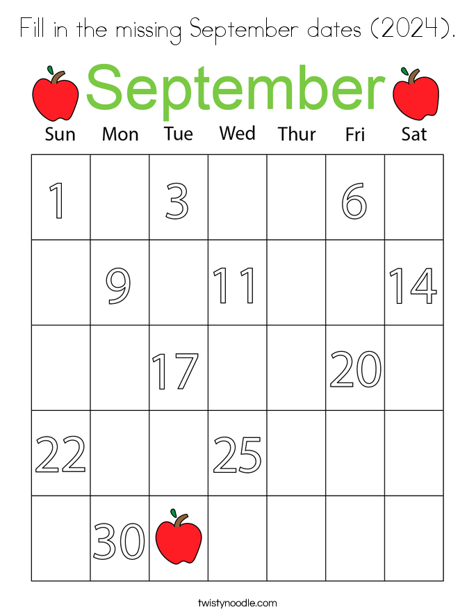 Fill in the missing September dates (2024). Coloring Page