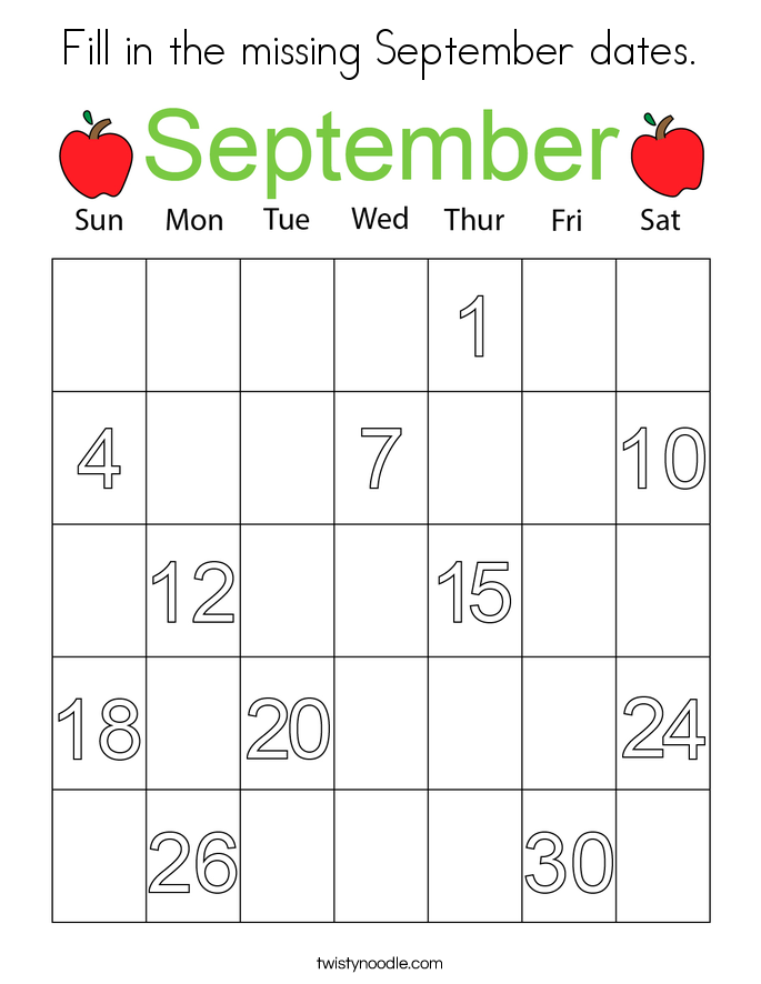 Fill in the missing September dates. Coloring Page