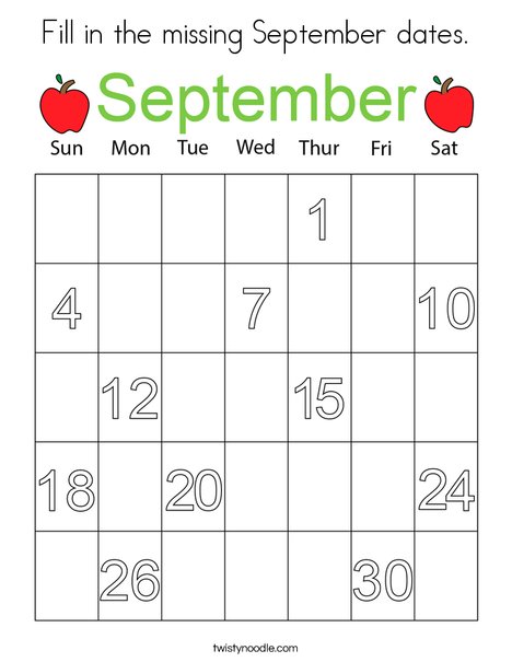 Fill in the missing September dates. Coloring Page