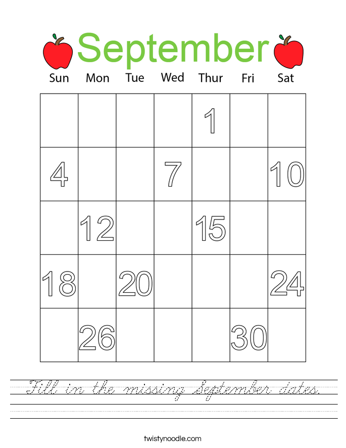 Fill in the missing September dates. Worksheet
