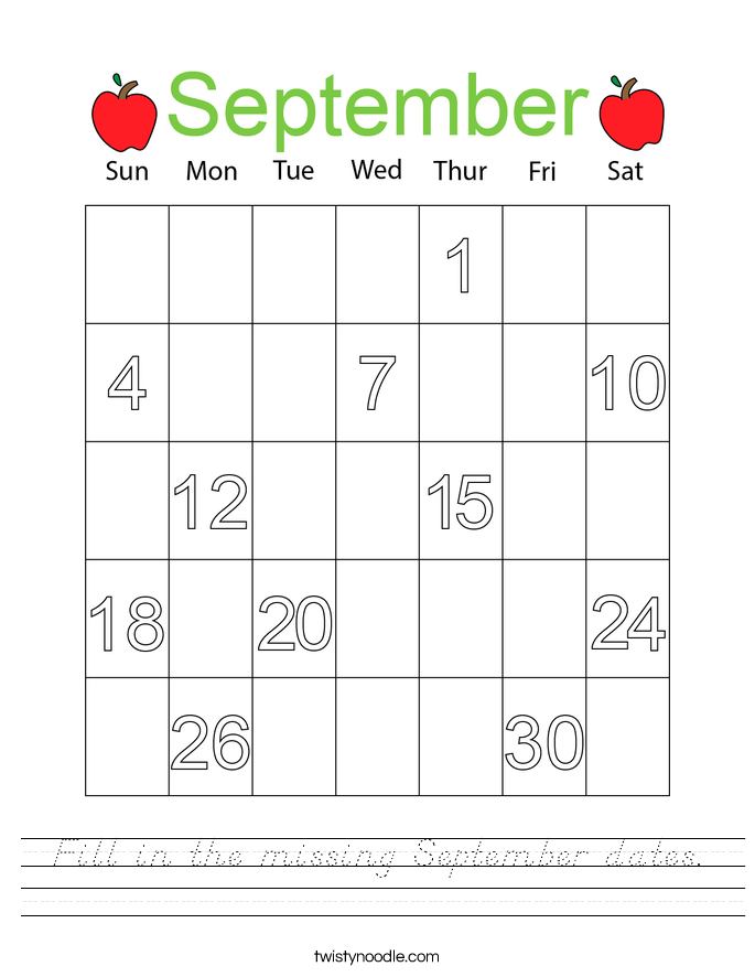 Fill in the missing September dates Worksheet D'Nealian Twisty Noodle