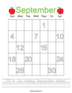 Fill in the missing September dates Handwriting Sheet