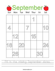 Fill in the missing September dates Handwriting Sheet