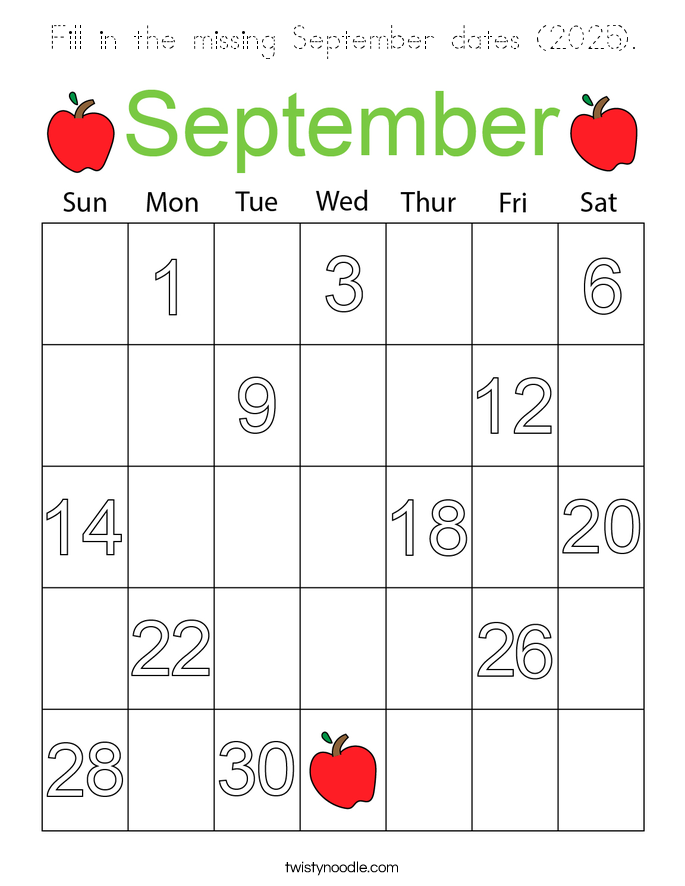 Fill in the missing September dates (2025). Coloring Page