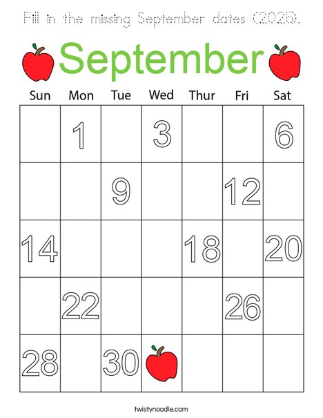 Fill in the missing Septembers dates (2025). Coloring Page