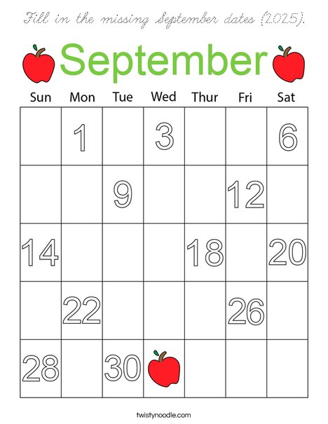 Fill in the missing Septembers dates (2025). Coloring Page