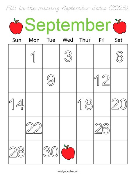 Fill in the missing Septembers dates (2025). Coloring Page