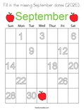 Fill in the missing September dates (2025). Coloring Page