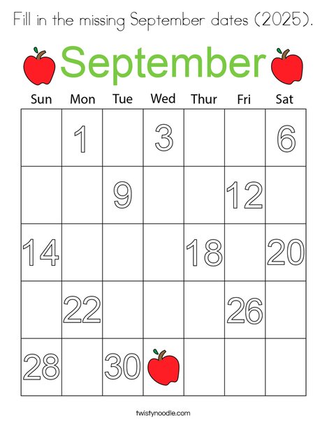 Fill in the missing Septembers dates (2025). Coloring Page