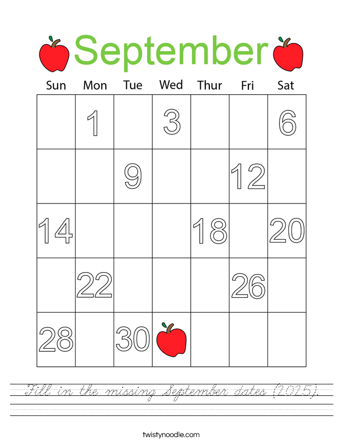 Fill in the missing September dates (2025). Worksheet