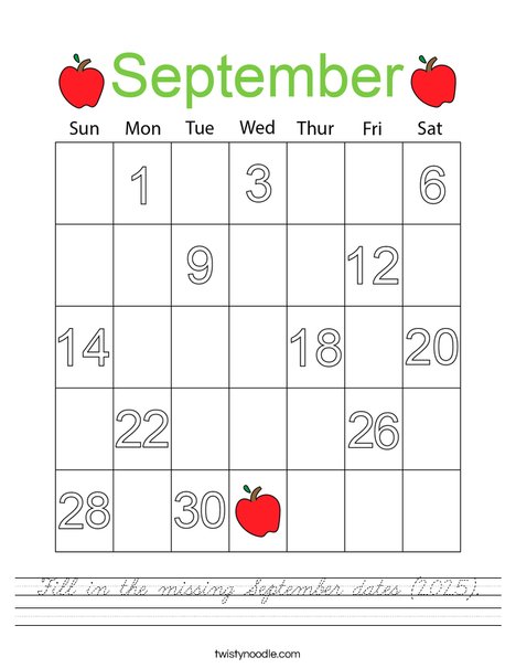 Fill in the missing Septembers dates (2025). Worksheet