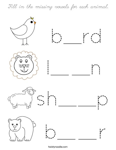 Fill in the missing vowels for each animal. Coloring Page