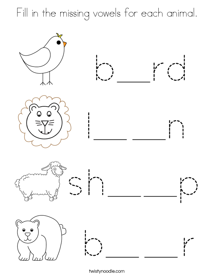 Fill in the missing vowels for each animal. Coloring Page