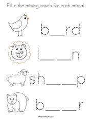 Fill in the missing vowels for each animal Coloring Page