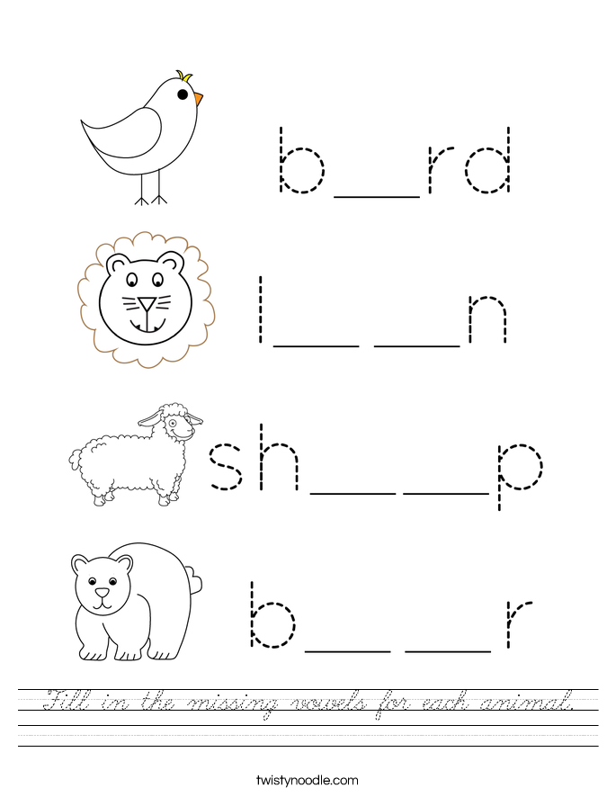 Fill in the missing vowels for each animal. Worksheet