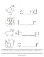 Fill in the missing vowels for each animal Handwriting Sheet