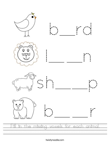 Fill in the missing vowels for each animal. Worksheet
