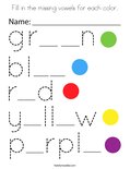 Fill in the missing vowels for each color. Coloring Page