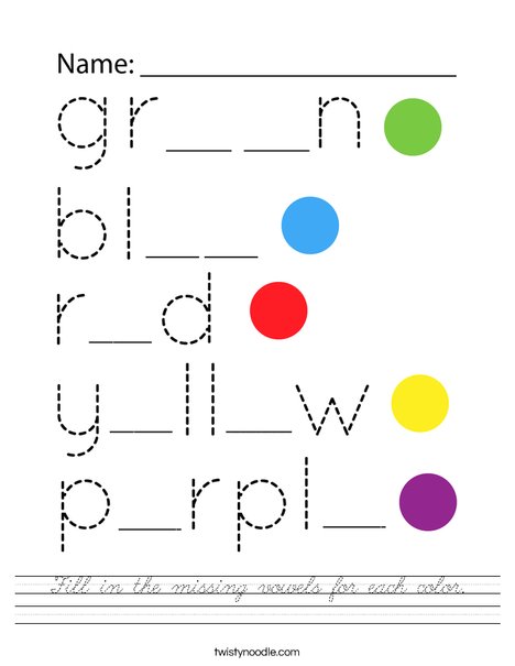 Fill in the missing vowels for each color. Worksheet