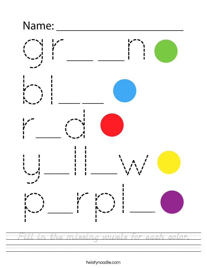 Fill in the missing vowels for each color. Worksheet