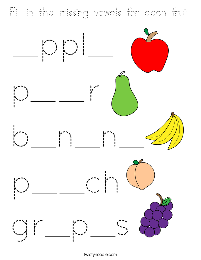 Fill in the missing vowels for each fruit. Coloring Page
