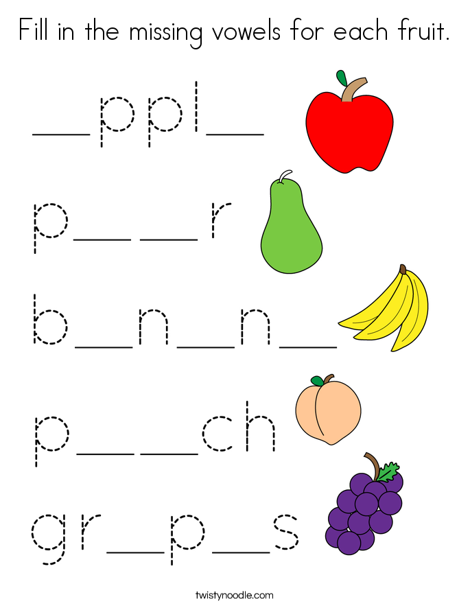 Fill in the missing vowels for each fruit. Coloring Page
