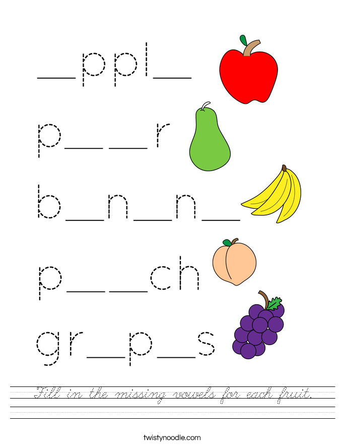 Fill in the missing vowels for each fruit. Worksheet