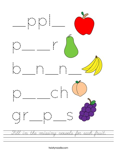 Fill in the missing vowels for each fruit. Worksheet