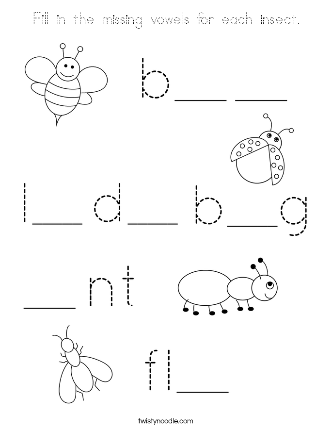 Fill in the missing vowels for each insect. Coloring Page