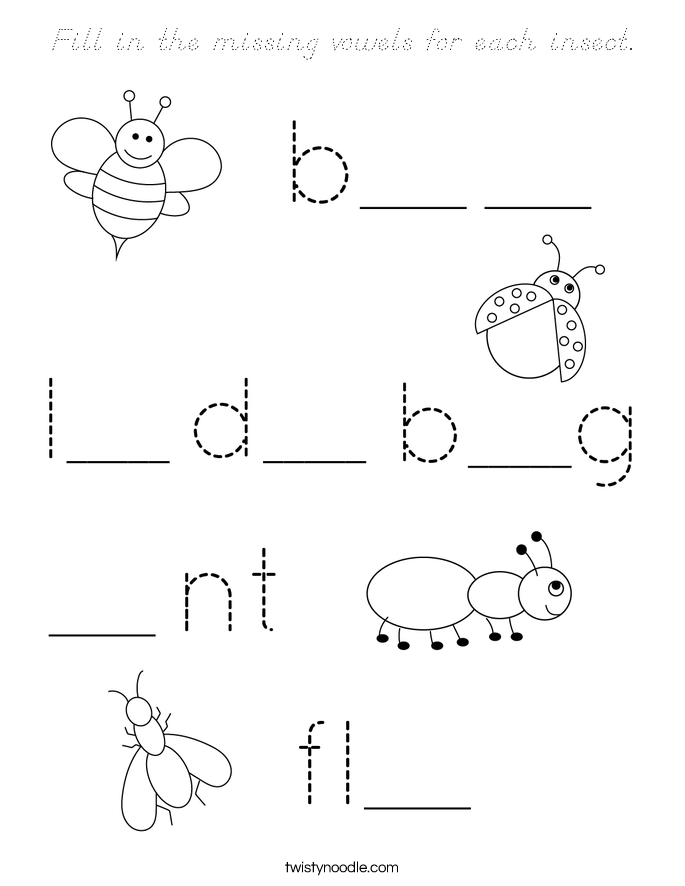 Fill in the missing vowels for each insect. Coloring Page