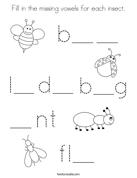 Fill in the missing vowels for each insect. Coloring Page