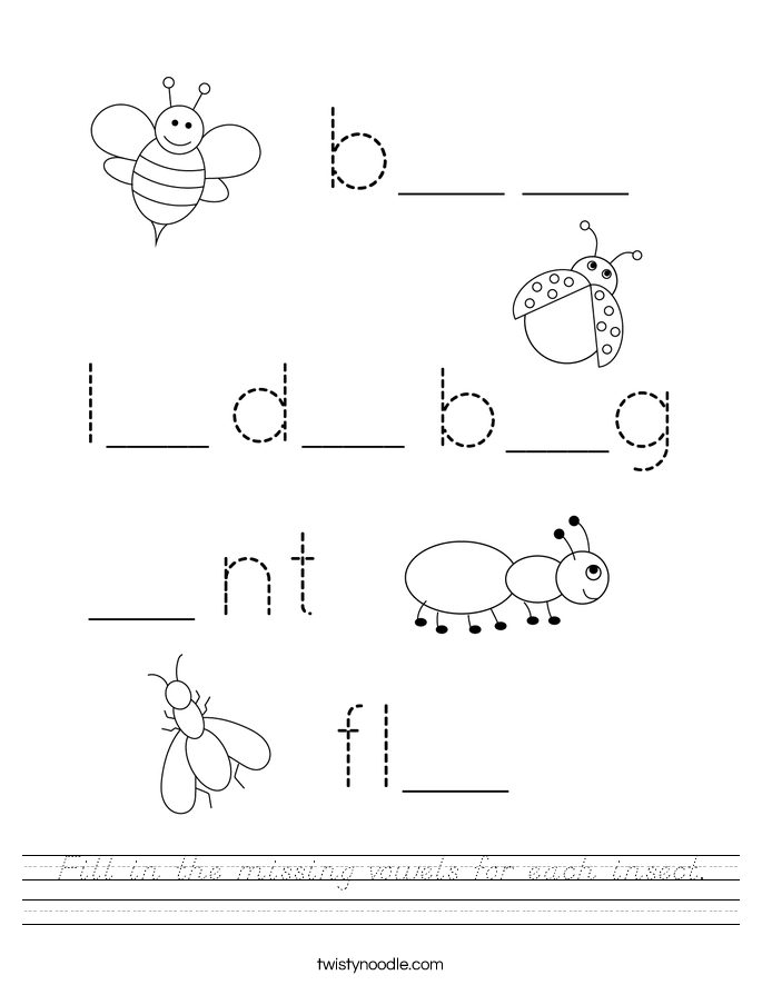 Fill in the missing vowels for each insect. Worksheet