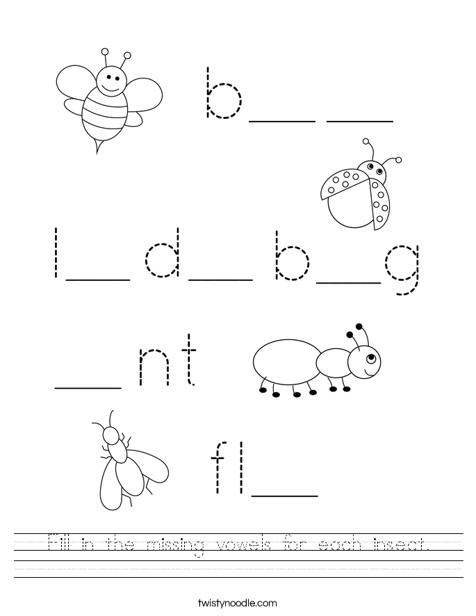 Fill in the missing vowels for each insect. Worksheet
