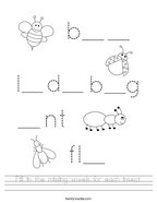 Fill in the missing vowels for each insect Handwriting Sheet