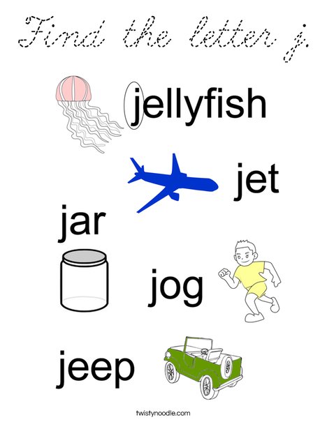 Find the letter j Coloring Page - Cursive - Twisty Noodle