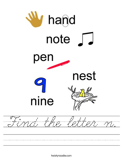 find the letter n worksheet cursive twisty noodle