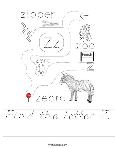 Find the letter Z Worksheet - D'Nealian - Twisty Noodle