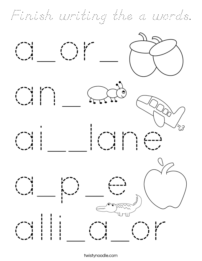 Finish writing the a words. Coloring Page