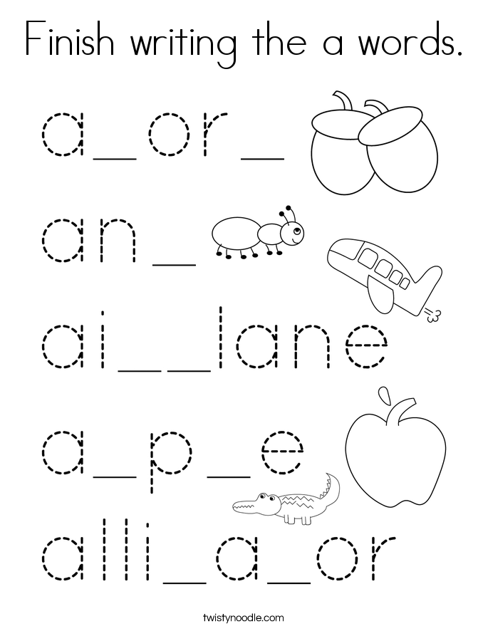 Finish writing the a words. Coloring Page