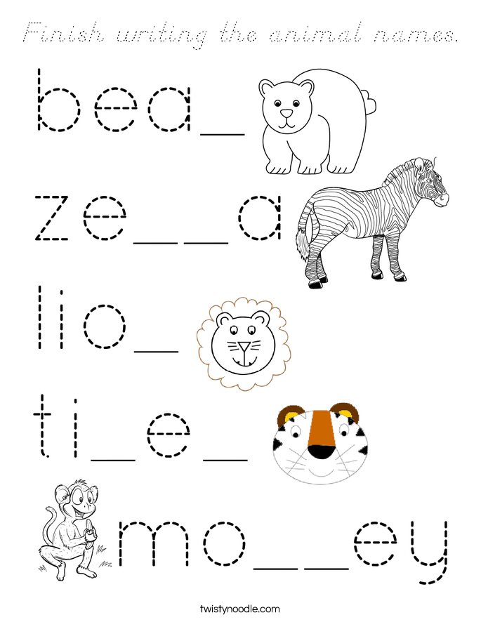 Finish writing the animal names. Coloring Page