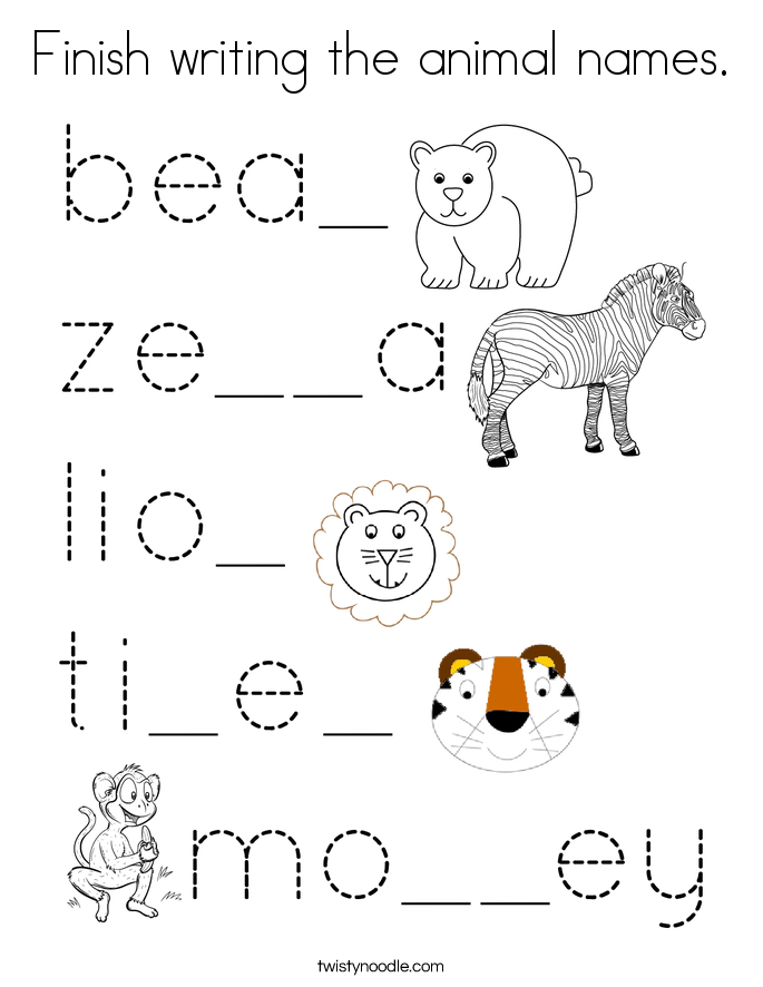 Finish writing the animal names. Coloring Page