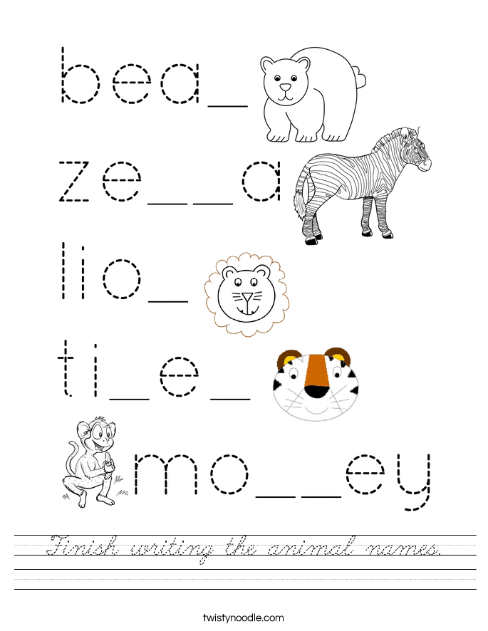 Finish writing the animal names. Worksheet