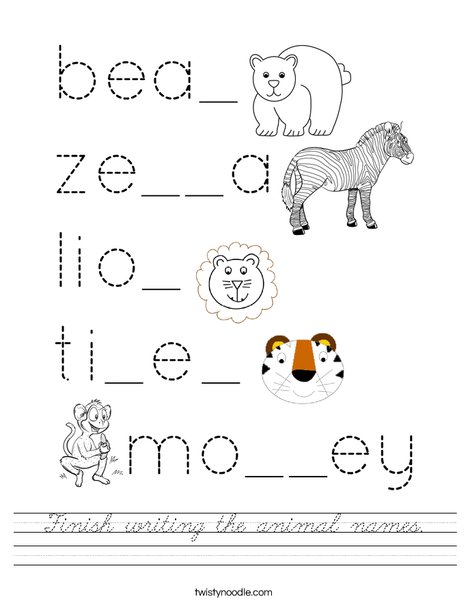 Finish writing the animal names. Worksheet
