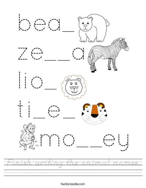 Finish writing the animal names. Worksheet