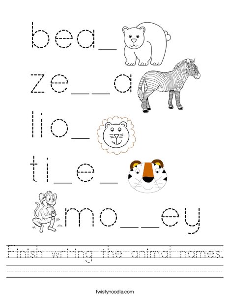 Finish writing the animal names. Worksheet