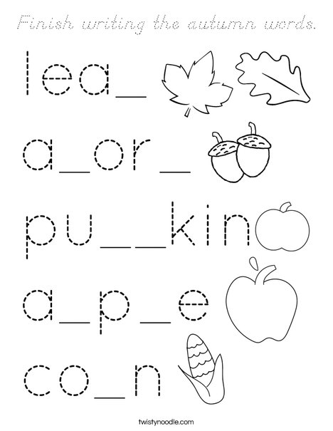 Finish writing the autumn words. Coloring Page