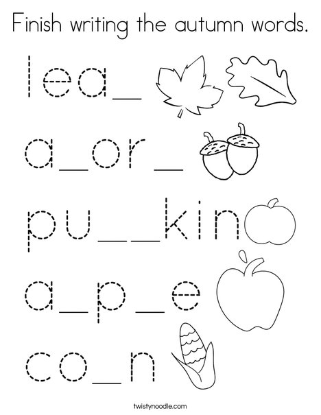 Finish writing the autumn words. Coloring Page